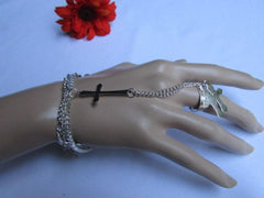 Silver Metal Chains Bracelet Big Cross & 2 Small Charms Cross Hand Chain