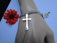 Silver Metal Chains Bracelet Big Cross & 2 Small Charms Cross Hand Chain