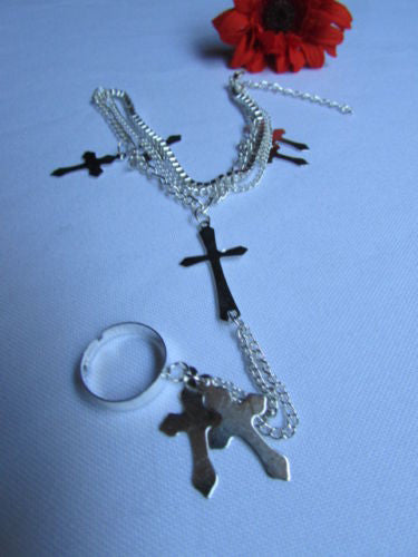 Silver Metal Chains Bracelet Slave Ring  Big Cross & 2 Small Charms Cross New Women Accessories