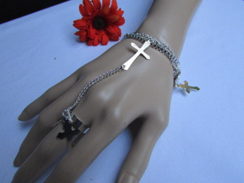 Silver Metal Chains Bracelet Slave Ring  Big Cross & 2 Small Charms Cross New Women Accessories