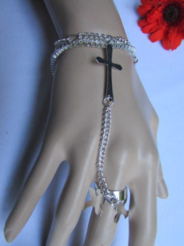 Silver Metal Chains Bracelet Slave Ring  Big Cross & 2 Small Charms Cross New Women Accessories