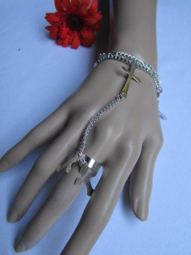 Silver Metal Chains Bracelet Slave Ring  Big Cross & 2 Small Charms Cross New Women Accessories