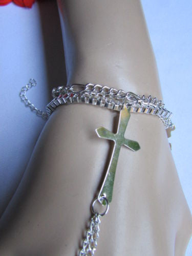 Silver Metal Chains Bracelet Slave Ring  Big Cross & 2 Small Charms Cross New Women Accessories