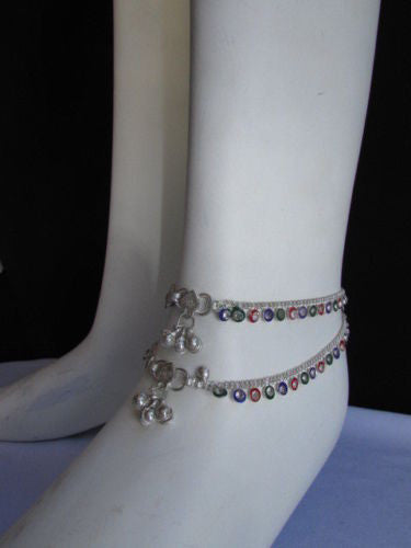 Silver Metal Chains Foot Rhinestones 2 Rows Charm Anklet Women Fashion Jewelry Accessories