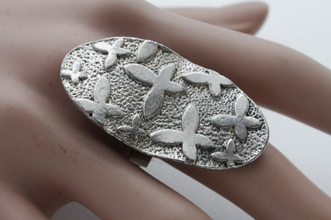 Silver Metal Cross Flowers Long Oval Shape Ring Fashionable Elegant Jewelry New Women Accessories