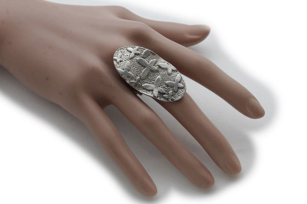 Silver Metal Cross Flowers Long Oval Shape Ring Fashionable Elegant Jewelry New Women Accessories