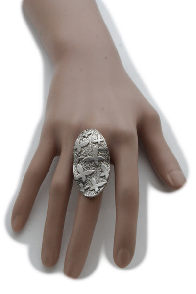 Silver Metal Cross Flowers Long Oval Shape Ring Fashionable Elegant Jewelry New Women Accessories