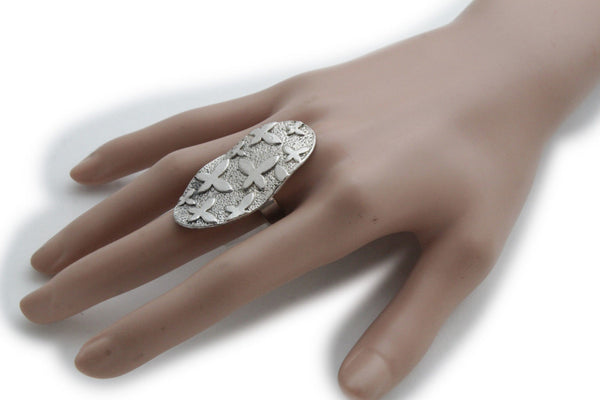 Silver Metal Cross Flowers Long Oval Shape Ring Fashionable Elegant Jewelry New Women Accessories