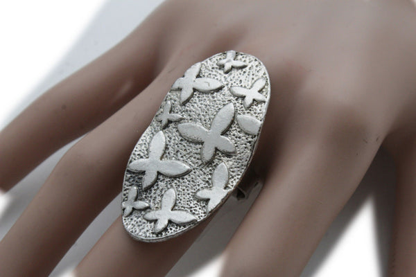 Silver Metal Cross Flowers Long Oval Shape Ring Fashionable Elegant Jewelry New Women Accessories
