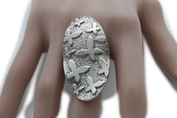 Silver Metal Cross Flowers Long Oval Shape Ring Fashionable Elegant Jewelry New Women Accessories