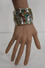 Silver Metal Cuff Bracelet Big Cross Blue Red Gold New Women Fashion Jewelry Accessories - alwaystyle4you - 2