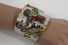 Silver Metal Cuff Bracelet Big Cross Blue Red Gold New Women Fashion Jewelry Accessories - alwaystyle4you - 3