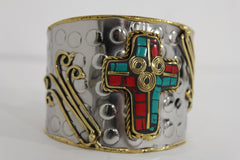 Silver Metal Cuff Bracelet Big Cross Blue Red Gold New Women Fashion Jewelry Accessories - alwaystyle4you - 4