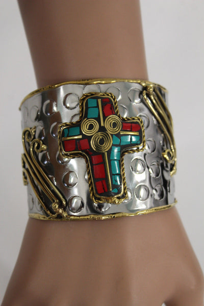 Silver Metal Cuff Bracelet Big Cross Blue Red Gold New Women Fashion Jewelry Accessories - alwaystyle4you - 6