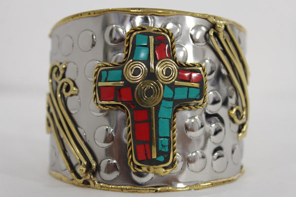 Silver Metal Cuff Bracelet Big Cross Blue Red Gold New Women Fashion Jewelry Accessories - alwaystyle4you - 7