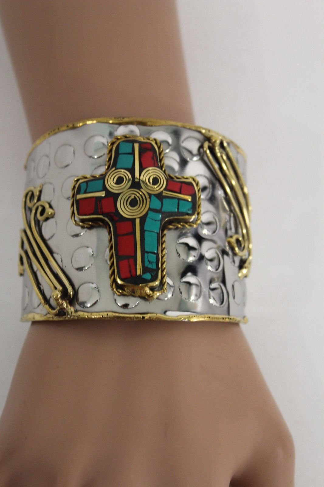 Silver Metal Cuff Bracelet Big Cross Blue Red Gold Women Fashion Jewelry Accessories - alwaystyle4you - 1