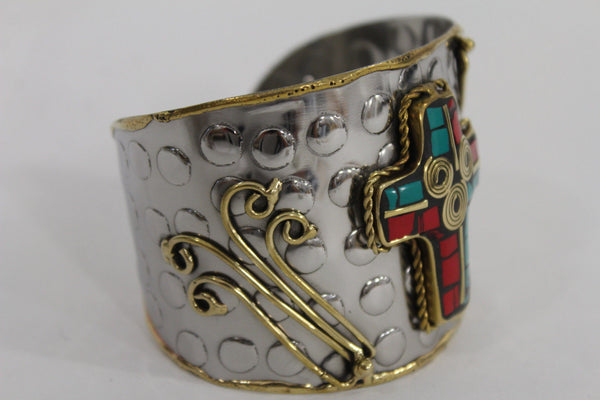 Silver Metal Cuff Bracelet Big Cross Blue Red Gold New Women Fashion Jewelry Accessories - alwaystyle4you - 12