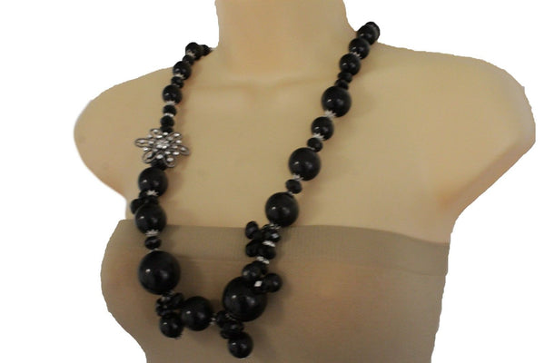 Silver Metal Flower Charm Big Black Gray Imitation Pearl Bead Long Necklace New Women Accessories
