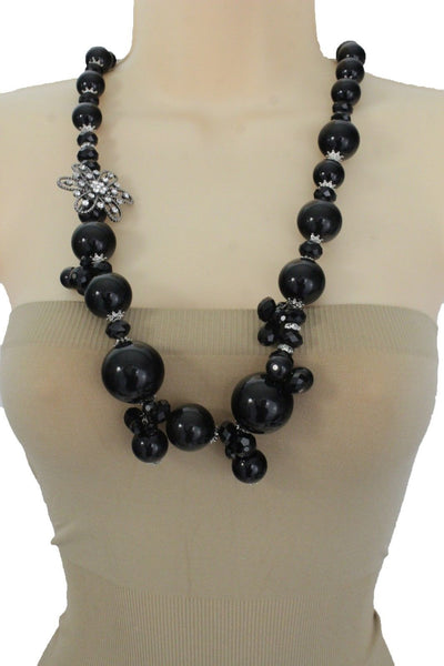 Silver Metal Flower Charm Big Black Gray Imitation Pearl Bead Long Necklace New Women Accessories