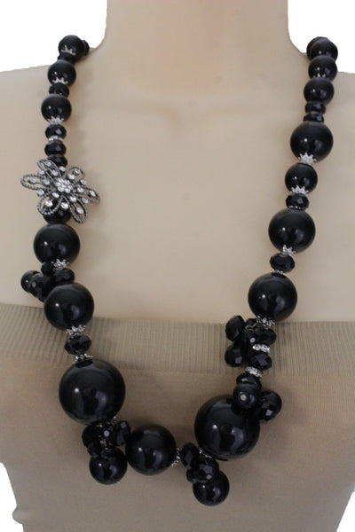 Silver Metal Flower Charm Big Black Gray Imitation Pearl Bead Long Necklace New Women Accessories