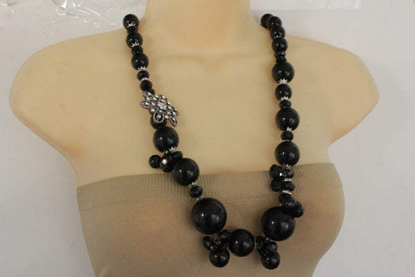 Silver Metal Flower Charm Big Black Gray Imitation Pearl Bead Long Necklace New Women Accessories