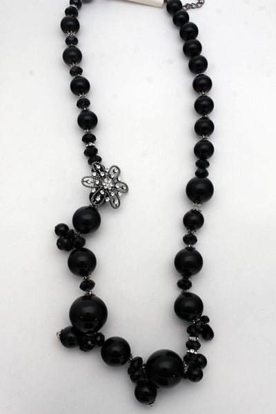 Silver Metal Flower Charm Big Black Gray Imitation Pearl Bead Long Necklace New Women Accessories