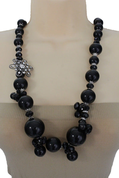 Silver Metal Flower Charm Big Black Gray Imitation Pearl Bead Long Necklace New Women Accessories