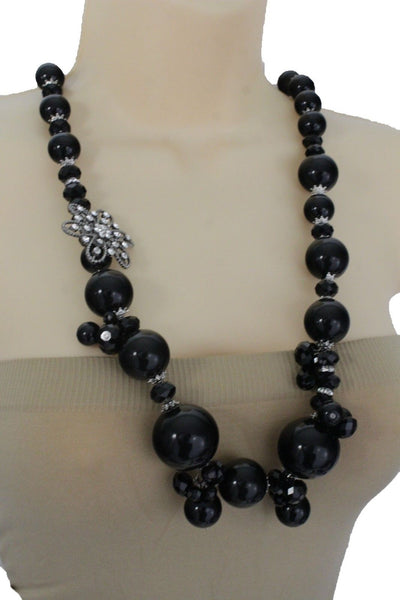 Silver Metal Flower Charm Big Black Gray Imitation Pearl Bead Long Necklace New Women Accessories