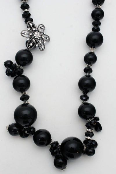 Silver Metal Flower Charm Big Black Gray Imitation Pearl Bead Long Necklace New Women Accessories