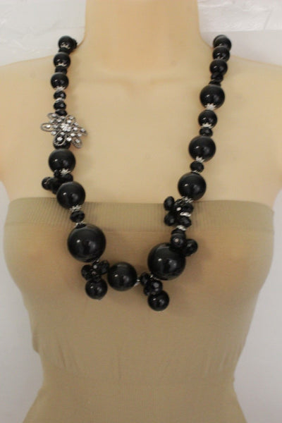 Silver Metal Flower Charm Big Black Gray Imitation Pearl Bead Long Necklace New Women Accessories