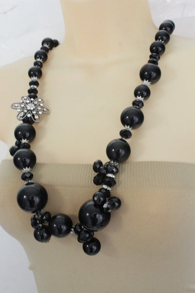 Silver Metal Flower Charm Big Black Gray Imitation Pearl Bead Long Necklace New Women Accessories