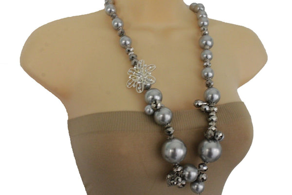 Silver Metal Flower Charm Big Black Gray Imitation Pearl Bead Long Necklace New Women Accessories
