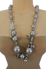 Silver Metal Flower Charm Big Black Gray Imitation Pearl Bead Long Necklace