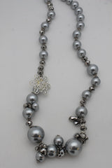 Silver Metal Flower Charm Big Black Gray Imitation Pearl Bead Long Necklace