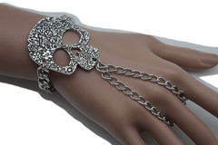 Silver Metal Hand Chain Bracelet Skeleton Skull Charm Halloween