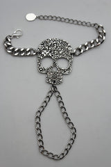 Silver Metal Hand Chain Bracelet Skeleton Skull Charm Halloween