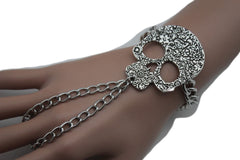 Silver Metal Hand Chain Bracelet Skeleton Skull Charm Halloween