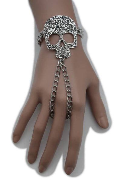 Silver Metal Bracelet Slave Ring Skeleton Skull Charm Halloween New Women Accessories