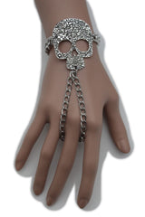 Silver Metal Hand Chain Bracelet Skeleton Skull Charm Halloween