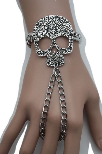 Silver Metal Bracelet Slave Ring Skeleton Skull Charm Halloween New Women Accessories