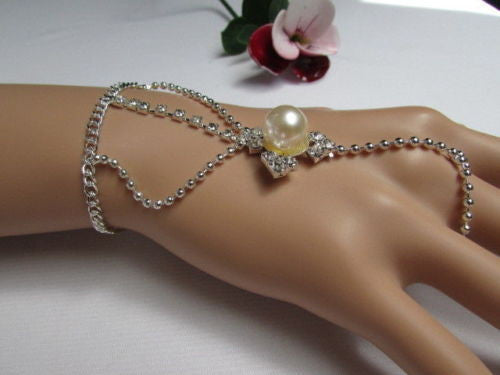Silver Metal Hand Chain Bracelet Slave Ring Imitation Pearl Cream Beads New Women Accessories