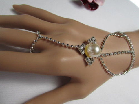 Silver Metal Hand Chain Bracelet Slave Ring Imitation Pearl Cream Beads New Women Accessories