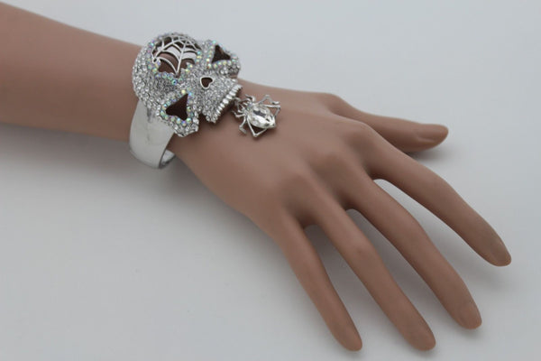 Silver Metal Hand Cuff Bracelet Skeleton Skull Pirate Spider Web Women Fashion Accessories