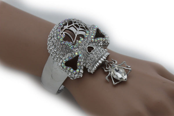 Silver Metal Hand Cuff Bracelet Skeleton Skull Pirate Spider Web Women Fashion Accessories