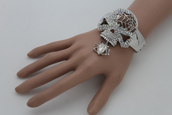 Silver Metal Hand Cuff Bracelet Skeleton Skull Pirate Spider Web Women Fashion Accessories