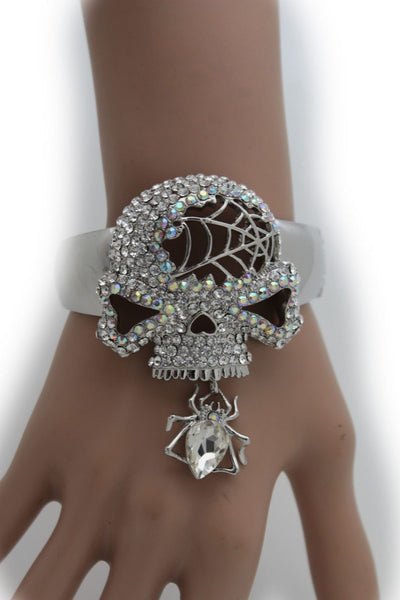 Silver Metal Hand Cuff Bracelet Skeleton Skull Pirate Spider Web Women Fashion Accessories