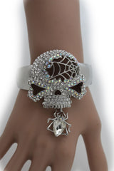 Silver Metal Hand Cuff Bracelet Skeleton Skull Pirate Spider Web Accessories