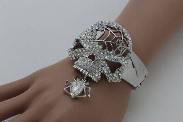 Silver Metal Hand Cuff Bracelet Skeleton Skull Pirate Spider Web Women Fashion Accessories