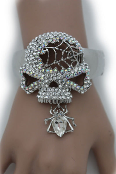 Silver Metal Hand Cuff Bracelet Skeleton Skull Pirate Spider Web Women Fashion Accessories