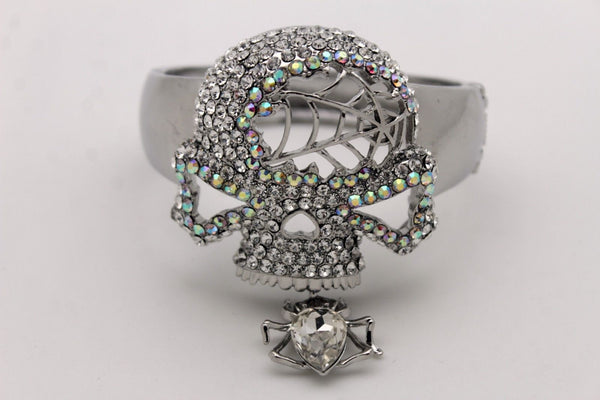 Silver Metal Hand Cuff Bracelet Skeleton Skull Pirate Spider Web Women Fashion Accessories